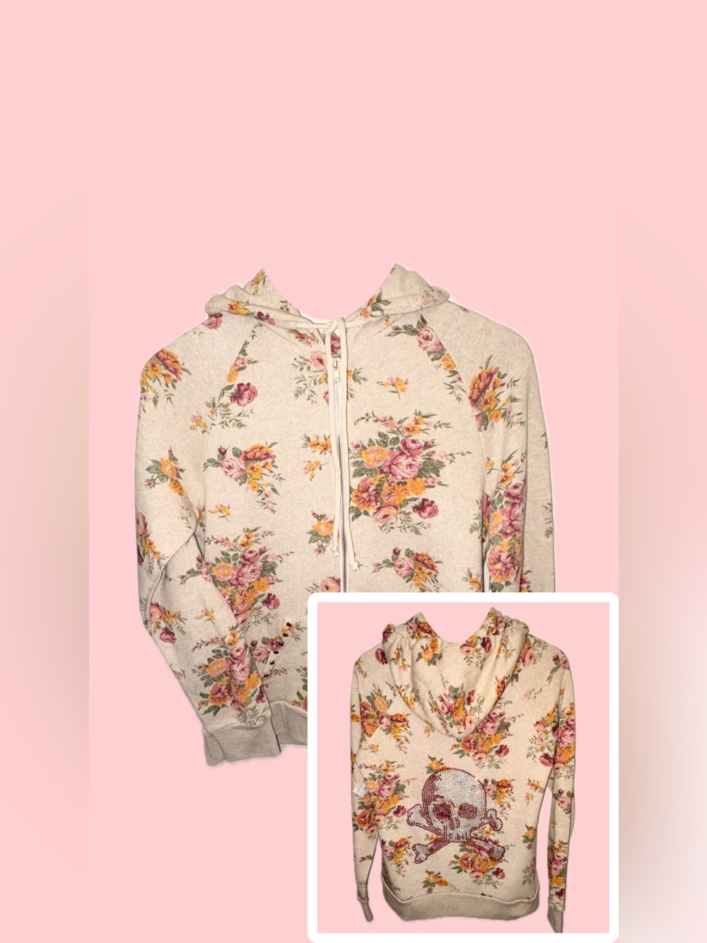 BNWT Opium Society Cream Floral Skull Crossbones Crystal Zip-Up Hoodie | M